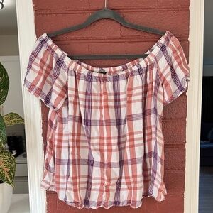 Express Pink and Purple Plaid Off-Shoulder Blouse